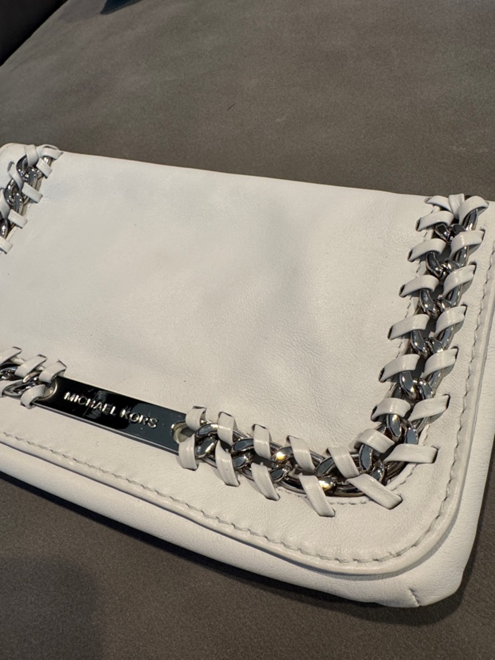 Michael Kors white leather silver woven chain snap flap clutch. New, no tag. - Picture 2 of 7